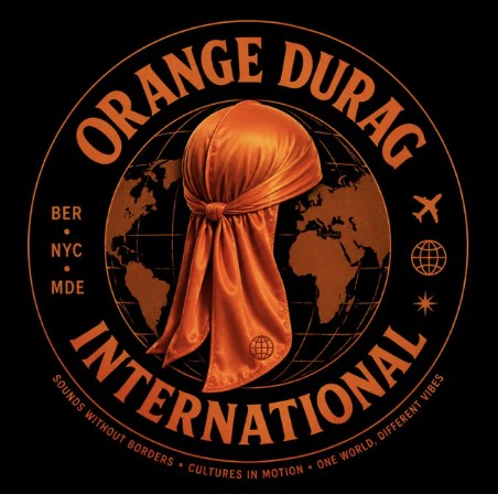 Orange Durag International logo, an orange durag over a globe, with BER, NYC and MDE