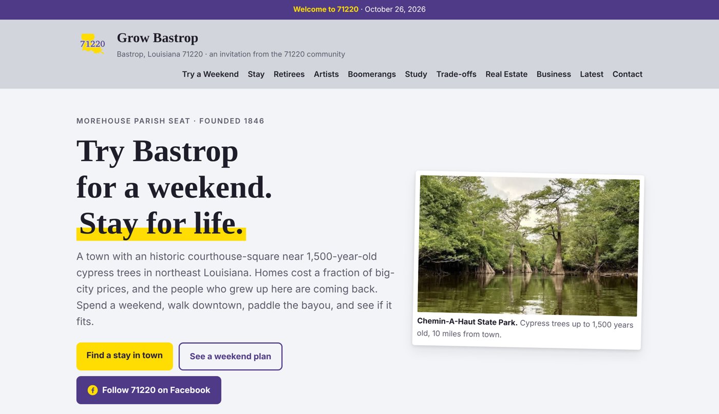The 71220.org homepage, with the headline Try Bastrop for a weekend, Stay for life, beside a photo of cypress trees at Chemin-A-Haut State Park